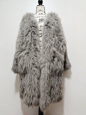 NewReal Striped Knitted Fox Fur Cape Jacket Stroller Dusty Grey Fog Cloud NoMink